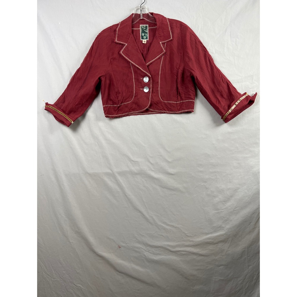 Burning Torch Cropped Blazer Womens Medium Red Contrast Stitch Raw Hem Jacket